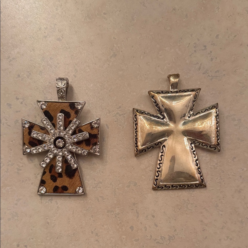 Leopard and Silver Cross Pendants